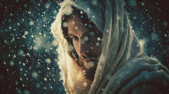 Man with beard and long hair wearing white robe in falling snow setting