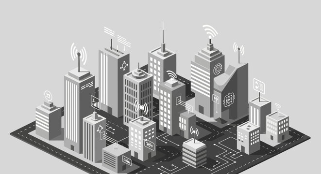 Isometric monochrome city with modern skyscrapers and buildings.