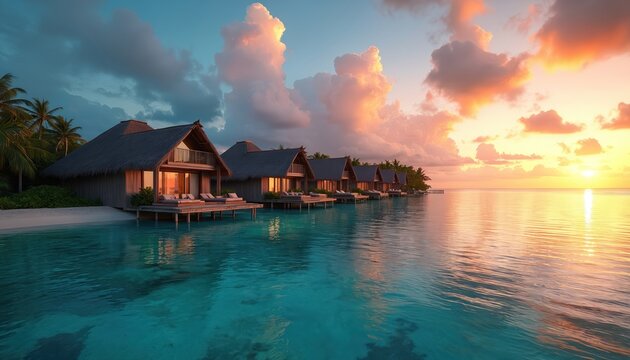Luxury overwater bungalows rest by calm sea at tropical island resort during beautiful sunset. Peaceful ocean waves, warm sand beach and palm trees create paradise vibe. - Powered by Adobe