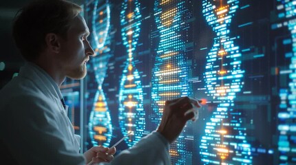 Scientist in lab coat analyzing dna structure on a digital interface screen - Powered by Adobe