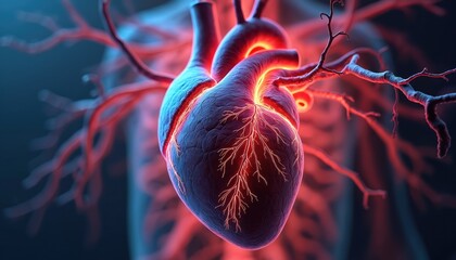 Heart illustration shows cardiovascular system. Anatomy of organ, veins. Concept for medical science, health. Biology background for surgery or cardiology. Human body with blood circulation, life.