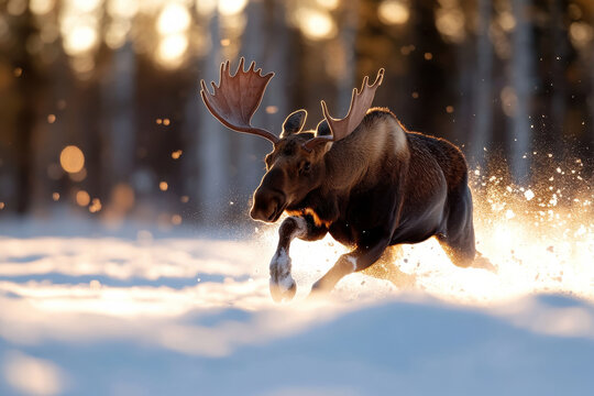 A moose gallops joyfully through a winter wonderland, spraying snow as it moves, showcasing the beauty and grace of wildlife in a pristine natural environment. - Powered by Adobe