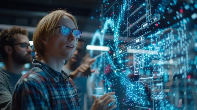 Group of engineers analyzing data on a large digital display screen