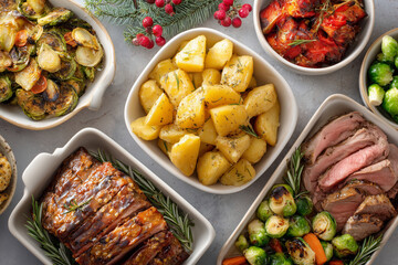 Christmas leftovers featuring roasted chicken, potatoes, and vegetables arranged neatly on a table, showcasing warm colors and seasonal holiday food.
