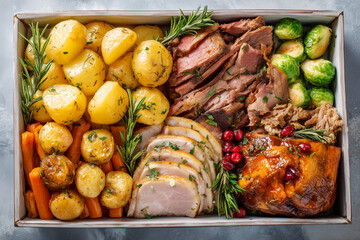 Christmas leftovers featuring roasted chicken, potatoes, and vegetables arranged neatly on a table, showcasing warm colors and seasonal holiday food.