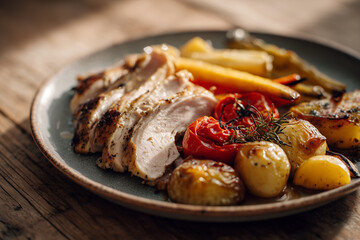 A clean overhead shot of roasted turkey pieces with baked vegetables, showcasing colorful and hearty Christmas leftovers arranged on a simple white plate.