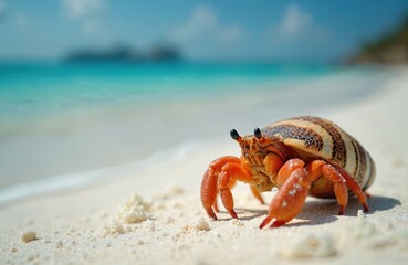 Hermit crab on sandy beach explores coastline. Seaside nature with turquoise water. Tropical vacation background with marine animal and ocean environment on summer day.