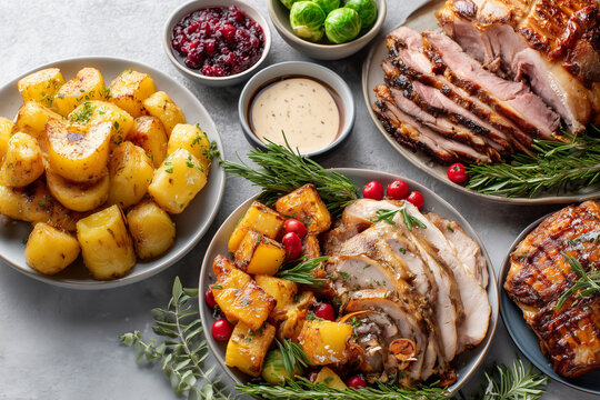Christmas leftovers featuring roasted chicken, potatoes, and vegetables arranged neatly on a table, showcasing warm colors and seasonal holiday food. - Powered by Adobe