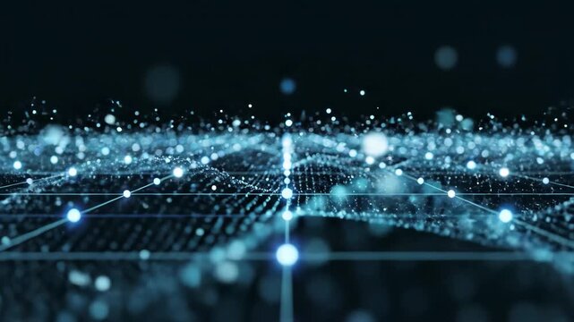 Dynamic network connection with glowing nodes moving across a dark plane for tech visuals