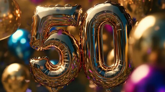 Glittery Gold Balloons with Number 50 for Birthday Celebration