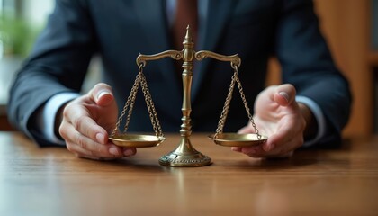 Justice scales symbol on wood table with lawyer hands nearby representing legal balance and fairness. Pro courtroom decision support concept.