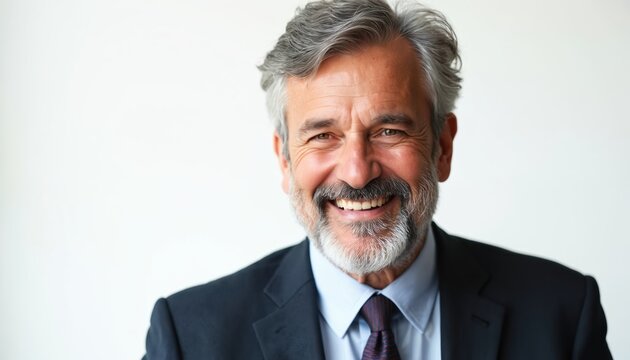 Smiling middle-aged man in suit portrait. Senior male with grey hair and beard smiles. Happy mature businessman wear classic formal clothing on white background.