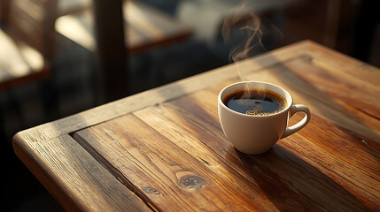 A steaming cup of black coffee sits on a rustic wooden table in the sunlight creating a warm scene