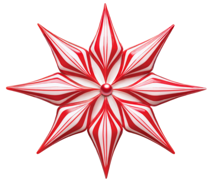 A striking star shape with a red and white striped pattern on transparent background. The symmetrical design draws attention to its vibrant colors and clean lines.