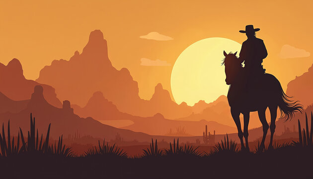 Silhouette of cowboy on horseback against a setting sun in desert landscape. Rugged mountains and cacti frame the scene. This retro western art depicts frontier life.