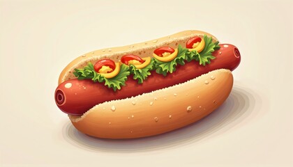 Hot dog with bun lettuce tomato and mustard. Delicious frankfurter in soft bread with fresh greens. Savory sausage meal ready for eating. Fast food snack.