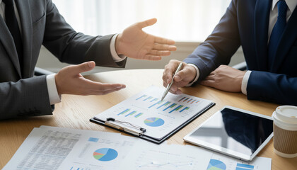 Financial analysis and business strategy meeting with two professionals discussing marketing data on charts and graphs.