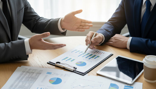Financial analysis and business strategy meeting with two professionals discussing marketing data on charts and graphs.