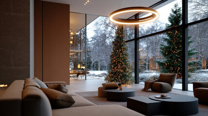 A sleek modern living area with decorative Christmas trees, minimalist furniture, and bright lights, creating a stylish backdrop for festive winter gatherings and holiday joy.
