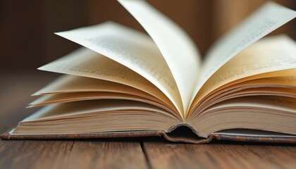 Fototapeta premium Open book rests on a rustic wood table. Pages fan out showing text, implying a learning or reading session. Soft light illuminates the aged paper and book cover. Close up view.