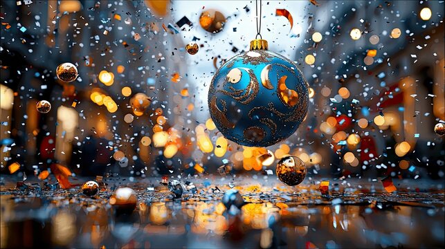 A blue and gold Christmas ornament suspended in the air, surrounded by falling confetti and bokeh lights, creating a festive atmosphere.