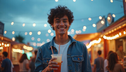 Happy young man enjoy beverage. He wears denim jacket at outdoor food market with lights. Male smiles, holds drink. People gather at local fest event.