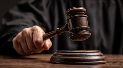 Judge's hand holding a dark wooden gavel	
