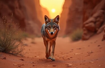 Coyote walks desert canyon during sunset golden hour. Wild animal prowls sandstone path in arid landscape. Nature, wildlife scene with warm colors, rocky formations, dry sparse vegetation.