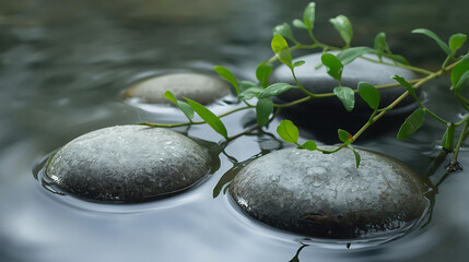 Close up of smooth gray stones in water with green leafy plant resting on top of the rocks surface