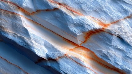 A detailed, abstract close-up of a textured surface resembling marbled stone. The dominant colors are cool blues and whites, intersected by striking veins of or