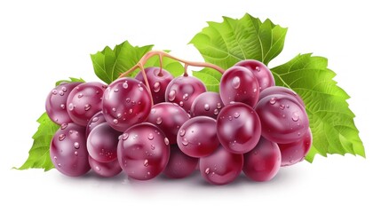 Fototapeta premium Fresh Red Grapes with Water Droplets and Green Leaves on White Background