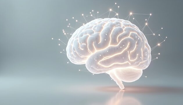 Glowing human brain with connected neural network. Digital mind with light pathways, think, ideas, and artificial intelligence concept. Medical, science, tech.