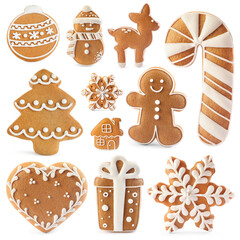 Christmas gingerbread cookies decorated with icing isolated on white, set