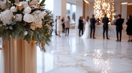 A stunning floral arrangement featuring white roses and greenery, setting an elegant backdrop for a luxury event with shimmering decorations and soft lighting.