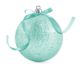 Christmas ball with bow isolated on white. Turquoise festive ornament