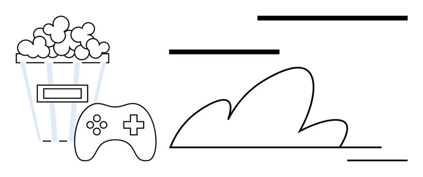 Popcorn bucket, gaming controller, and stylized cloud lines for casual entertainment, leisure, relaxation, creativity, digital fun, media consumption and recreational activities. Simple flat