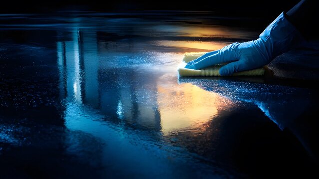 Cleaner, person wearing yellow gloves manually cleaning a reflective, dark colored surface floor using a blue cloth or sponge. Professional wiping a surface with a cloth, cleaning services