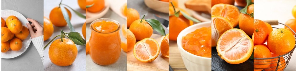 Collage with fresh tangerines, banner design. Citrus fruit