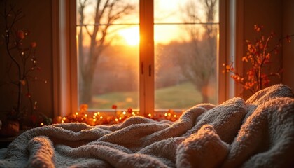 Warm autumn sunset light fills cozy room interior. Soft fluffy blanket draped near window. Golden hour ambiance creates peaceful, comfortable home atmosphere for deep relaxation. Seasonal decor adds