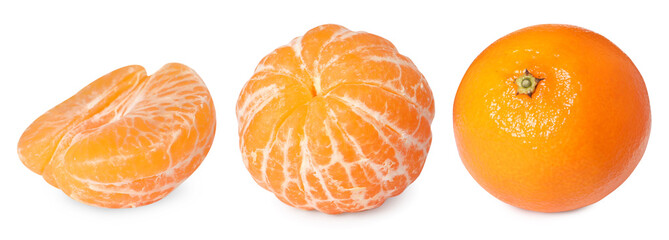 Fresh tangerines isolated on white, set. Citrus fruit