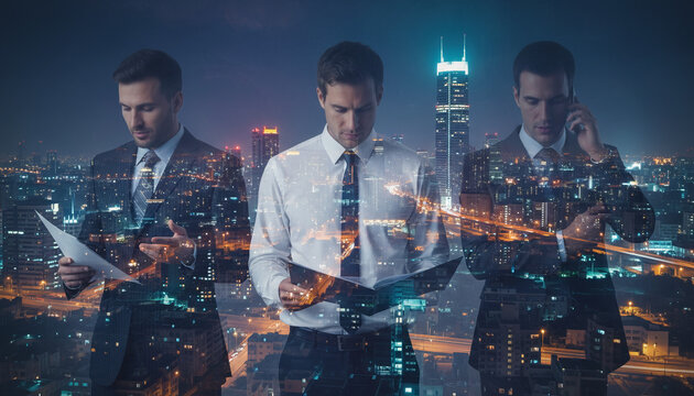 Corporate ambition and global business strategy concept with a businessman working over a modern city skyline at night.