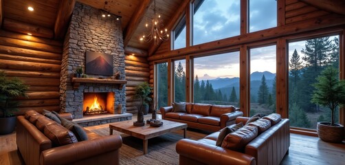 Luxury log cabin living room with stone fireplace and leather sofas. Large windows show mountain forest view at dusk. Cozy rustic interior, warm fire glow.