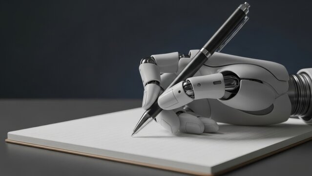 Minimalist close up of sleek bionic hand holding metal pen and writing on blank sheet of paper, highlighting fine motor control, precision, and accessible creativity enabled by advanced modern 