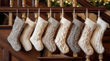 A row of knitted Christmas stockings hanging on an ornate wooden staircase railing, illuminated by warm soft lighting, evoking a cozy holiday atmosphere.