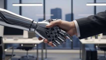 Confident business handshake between executive in suit and polished bionic hand in bright modern office, symbolizing partnership, innovation, and trusted collaboration between humans and advanced 