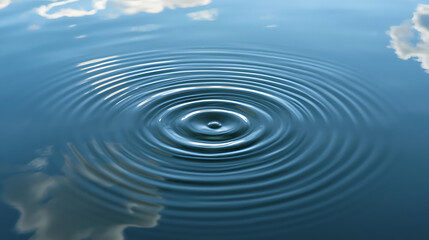 Ripples spreading across calm water surface reflecting sky and clouds creating circular wave patterns