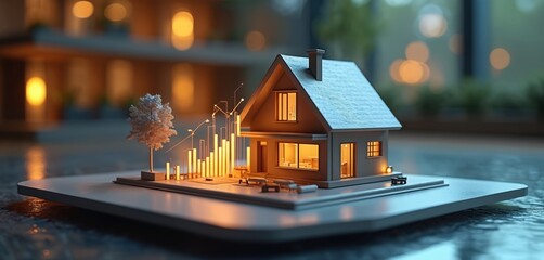 Miniature house model sits on futuristic platform displaying rising bar chart. Property investment shows upward trend, growth, and positive market data. Concept shows future housing value increase.