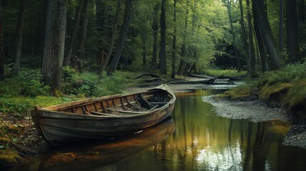 Abandoned wooden boat floating quietly on a calm forest river surrounded by green trees and sunlight reflections, evoking solitude nature harmony, and rustic atmosphere of timeless outdoor tranquility
