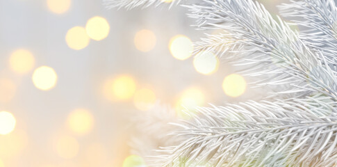 Christmas greeting card with fir tree branches and bokeh lights. Banner design