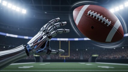 Futuristic bionic hand reaching to catch spinning American football under bright stadium lights, symbolizing adaptive sports technology, precision grip, and inclusive high performance athletics